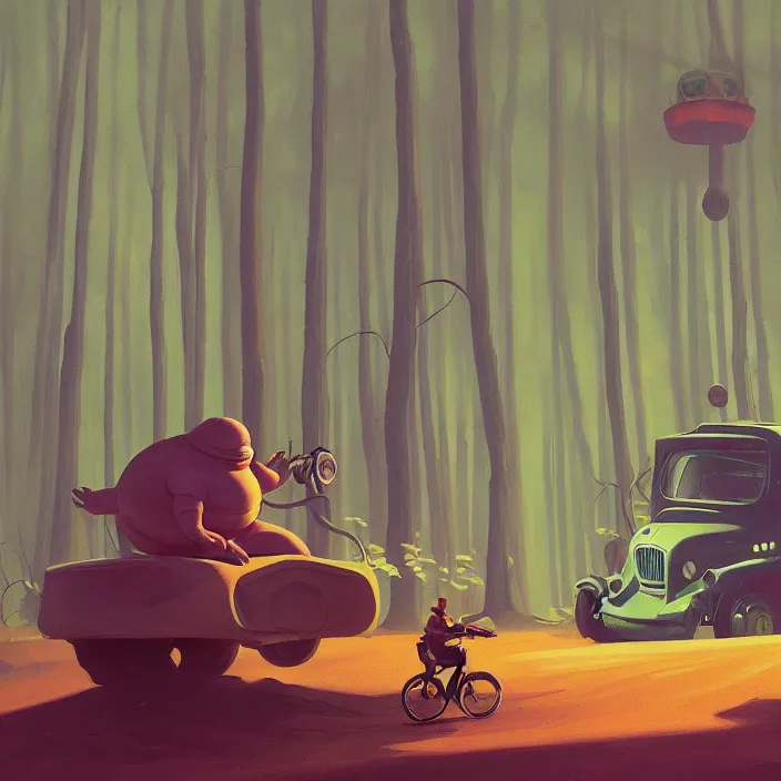 Prompt: fat alien on wheels rolling through the forest, highly detailed, Edward Hopper and James Gilleard, Simon Stalenhag