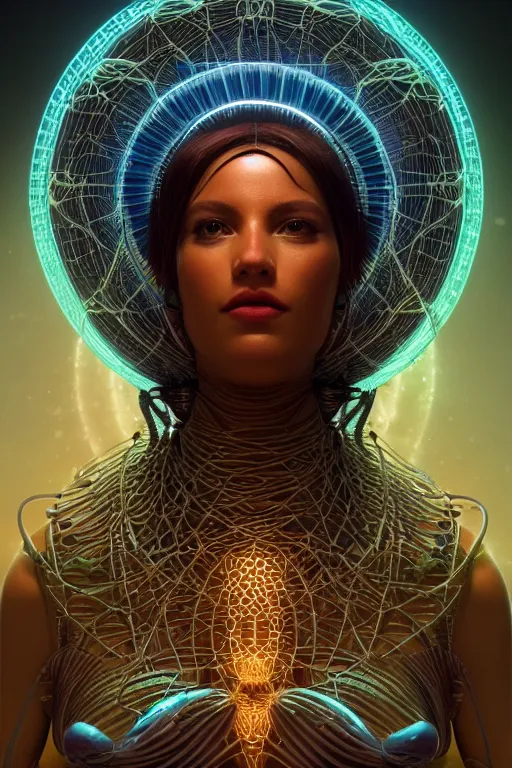 Image similar to a centered render of an alien bio - organic goddess adorned with cables and synthesizer parts is surrounded by sacred geometry, full body, gorgeous face, perfect face, powerful, cinematic, beautifully lit, by artgerm, by karol bak, 3 d, trending on artstation, octane render, 8 k