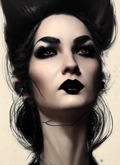 Image similar to portrait of a woman with a hook nose and a confident expression, 1 9 6 0 s, black clothes, goth, punk, funk, intricate, elegant, highly detailed, digital painting, artstation, concept art, smooth, sharp focus, illustration, art by wlop, mars ravelo and greg rutkowski