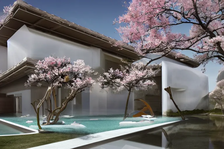 Image similar to futuristic luxurios chic Japanese house with Singaporean lush sakura trees, white and royal blue theme, sakura season, advanced, expensive architecture, elegant, at Salar De Uyuni with Hexagonal formations on the surface of salt crystallization, sandwiched between sedimentary deposits, bubbling geysers, marvellous reflection of the sky, digital painting, concept art, smooth, sharp focus, from Star Trek 2021, illustration, by WLOP and Ruan Jia and Mandy Jurgens and William-Adolphe Bouguereau, Artgerm