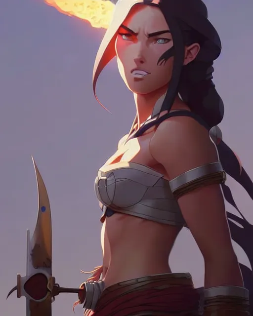 Image similar to azctec warrior, megan fox, detailed perfect face, exquisite details, fire magic, mid view, design on a white background, by studio muti, greg rutkowski makoto shinkai takashi takeuchi studio ghibli