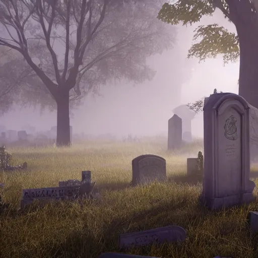 Prompt: still shot of a grave yard covered in morning fog, highly detailed, photorealistic portrait, bright studio setting, studio lighting, crisp quality and light reflections, unreal engine 5 quality render