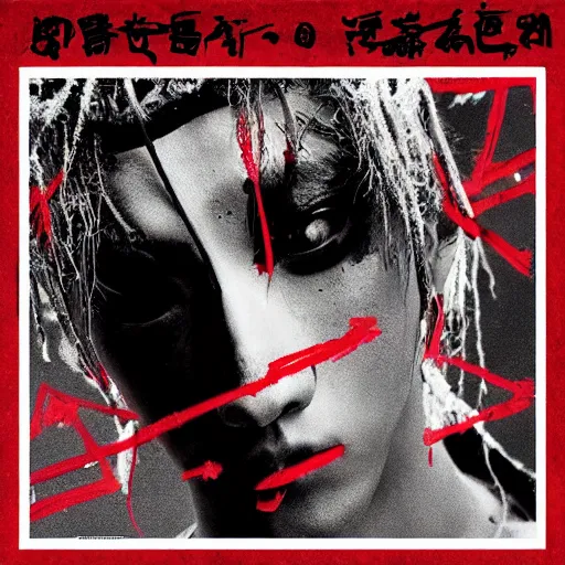 Image similar to random japanese words in the red and black color as scarlxrd album cover