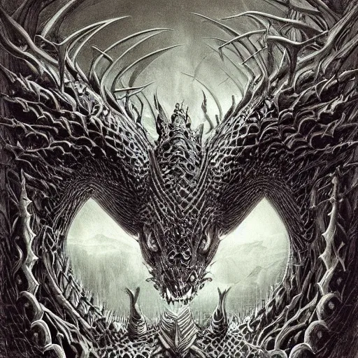 Image similar to a portrait of a dark entropy dragon, detailed, fantasy, scary, realistic, frightening, ornate, horns, spikes, incredible, masterpiece, amazing, wow!, sense of awe, award winning, greg rutowski, bosch, mc escher, dali