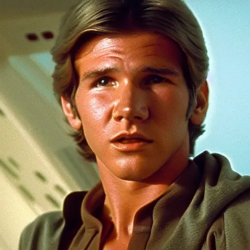 Prompt: film still of teenage harrison ford in new star wars movie, dramatic lighting, highly detailed face, kodak film, wide angle shot,