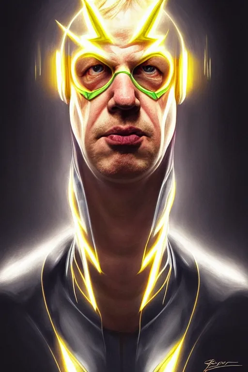 Image similar to Boris Johnson as Flash by Zack Snyder, realistic portrait, symmetrical, highly detailed, digital painting, artstation, concept art, smooth, sharp focus, illustration, cinematic lighting, art by artgerm and greg rutkowski and alphonse mucha