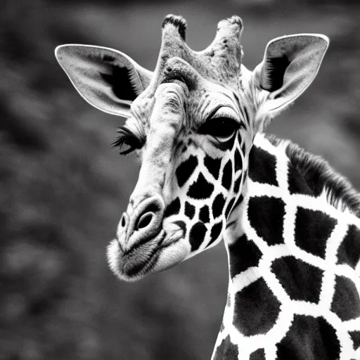 Prompt: a black and white portrait photo of a giraffe. very detailed