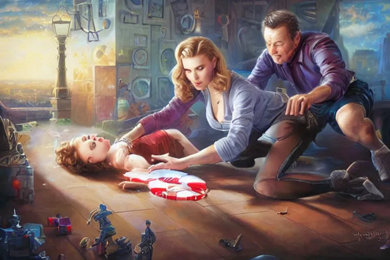 Image similar to portrait of bob barker playing twister with scarlett johansson, an oil painting by ross tran and thomas kincade