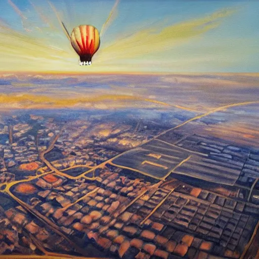 Image similar to oil painting with dramatic lighting : the view from the windows of the hindenburg blimp right before it exploded. there are no blimps in the picture because we are inside it, looking down at the ground. the woman looking down and out the window is sitting at a table drinking coffee.