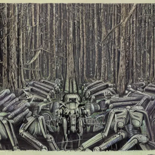 Image similar to 10000 robots fighting in forest H.R. Giger