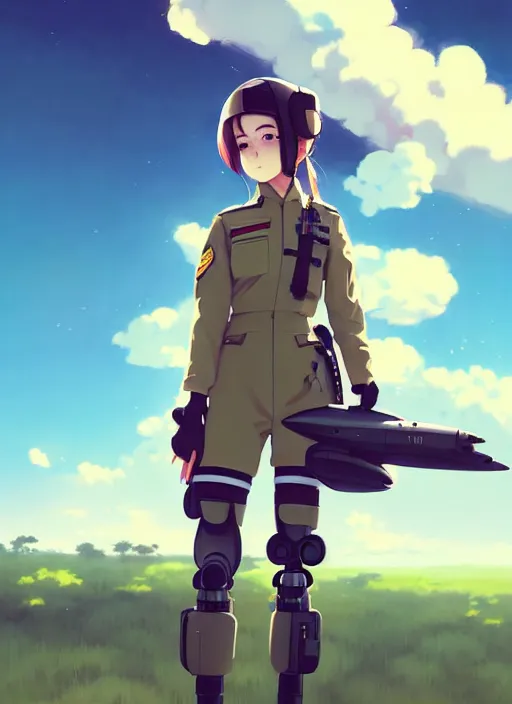 Prompt: portrait of cute pilot girl, smoky sky background, lush landscape, illustration concept art anime key visual trending pixiv fanbox by wlop and greg rutkowski and makoto shinkai and studio ghibli and kyoto animation, soldier clothing, military gear, airplane robot, war machine, sky girls series