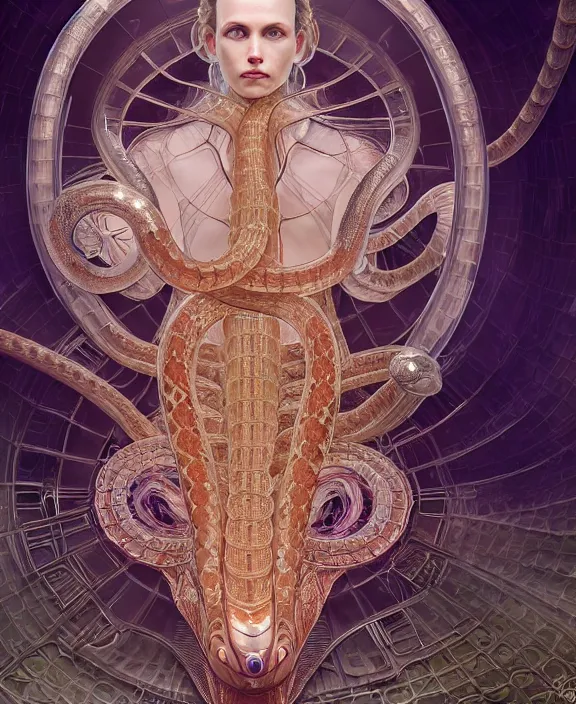 Image similar to intricate orderly opulent transparent clear see - through portrait of a scary beautiful masculine snake, fractal, mechanical, sci - fi environment, ultra realistic, concept art, art nouveau, photorealistic, octane render, 8 k, unreal engine. art by nori inoguchi and sam kaplan and zachary goulko and christopher marley and artgerm and alphonse mucha