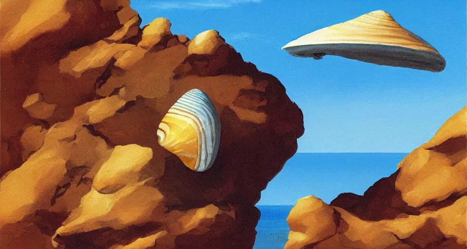 Image similar to acrylic painting of a tiny golden - spiral seashell house on top of a rock, by roger dean, syd mead, cell shaded graphics, concept art, minimalist