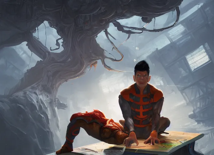 Image similar to an insanely detailed painting of an asian man wearing a homemade superhero costume, sitting at a desk, staring at the nervously at the computer and typing, in the style of peter mohrbacher, dramatic lighting and composition, surreal background, octane render, pixar, trending on artstation, concept art, comic book, view from behind