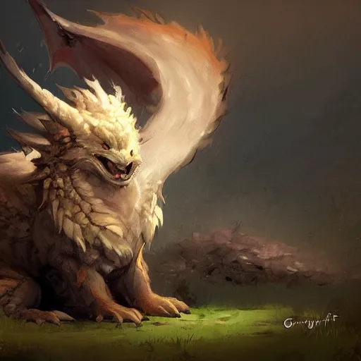 Image similar to furry fluffy floof dragon, by greg rutkowski