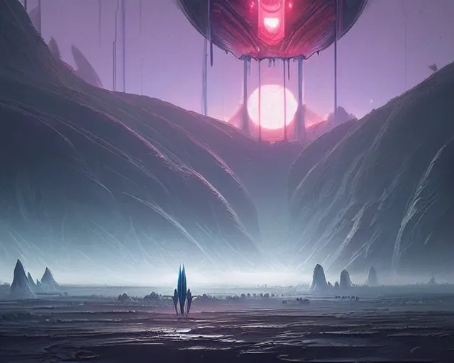 Image similar to professional ominous concept art of an alien planet landsacpe by artgerm and greg rutkowski ( thin white border ). an intricate, elegant, highly detailed digital painting, concept art, smooth, sharp focus, illustration, in the style of simon stalenhag wayne barlowe, igor kieryluk.