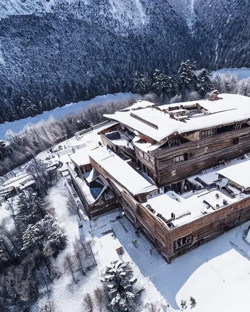 Image similar to burning mansion in the alps with snow covered roof zoomed out, shot from drone, iphone capture, fire