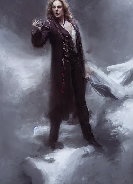 Image similar to portrait painting of the vampire lestat, muscular male gleeful, long hair! long coat, elegant rugged handsome unreal render cinematic lighting art 1 8 9 0 period drama by bussiere rutkowski andreas rocha