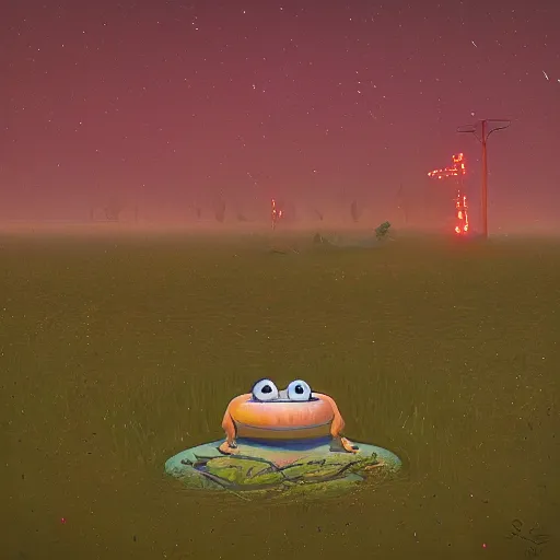 Image similar to all glory to the hypnotoad, by simon stalenhag