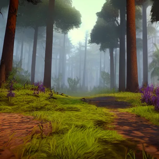 Image similar to warrior cats forest location, path, dark, purple a bit, unreal engine