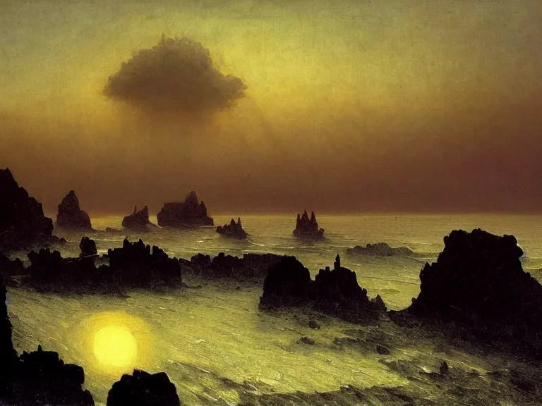 Image similar to an oil painting of an alien planet and the coastline of a black ocean at dawn, beautiful sky by beksinski carl spitzweg and tuomas korpi. baroque elements, full-length view. baroque element. intricate artwork by caravaggio. Trending on artstation. 8k