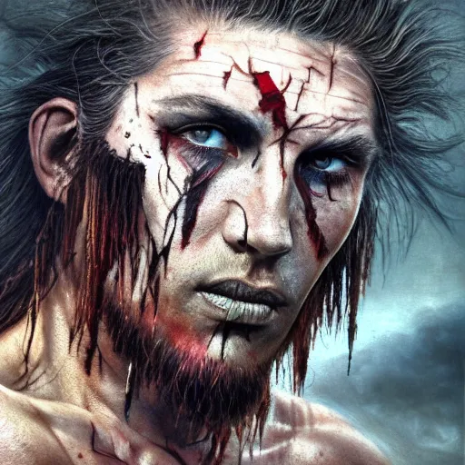 Prompt: Official photo of a majestic fierce barbarian man, leader, scarred, tattoos, war paint, highly detailed, cinematic, 16k, 1080s, by Stanley Artgermm, Tom Bagshaw, Greg Rutkowski, Vincent di Fate, Carne Griffiths, Ayami Kojima, WLOP, trending on DeviantArt, hyper detailed, full of color, digital art,