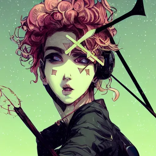 Image similar to close up, posing pointing with an arrow bow and shouting, a grungy cyberpunk anime, very cute, by super ss, curly pink hair, night sky by wlop, james jean, victo ngai, highly detailed