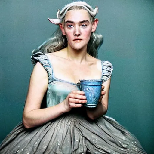 Prompt: A 18th century, messy, silver haired, (((mad))) elf princess (look like ((young Kate Winslet))), dressed in a ((ragged)), wedding dress, is ((drinking a cup of tea)). Everything is underwater! and floating. Greenish blue tones, theatrical, (((underwater lights))), high contrasts, fantasy water color, inspired by John Everett Millais's Ophelia
