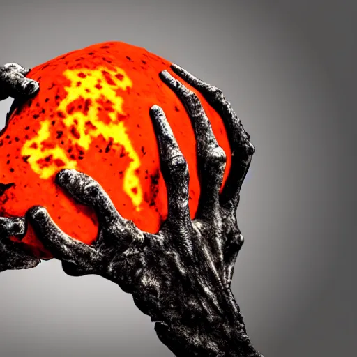 Image similar to photograph of a rotten damaged hand holding up a human skull with scorch marks on it, photorealistic, hyperdetailed, volumetric light, cinematic, f 8 aperture, orange rim lighting