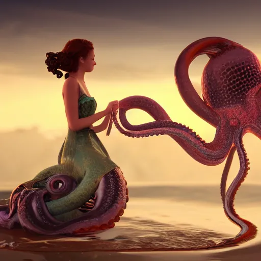 Image similar to The Queen of the Sea waves and her devoted servant octopus drink tea octane render, cinematic, elegant, intricate, 8k