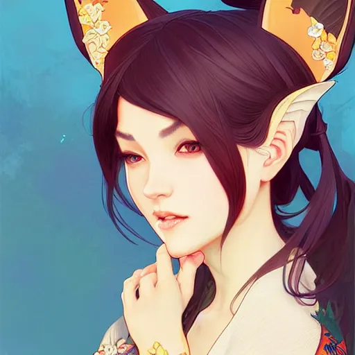 Image similar to A beautiful woman with fox ears who wears kimono, highly detailed, digital painting, artstation, concept art, smooth, sharp focus, illustration, art by artgerm and alphonse mucha, high definition digital art, in the style of Ross tran and ilya kuvshinov