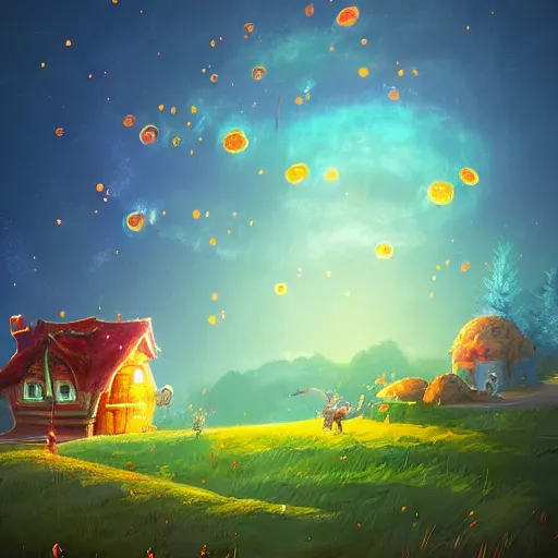 Image similar to beautiful 3 d painting of a colourful house on a hilltop at midnight with small fireflies flying around, breath of the wild, hyrule, inspired by cyril rolando, david wiesner, artstation, unreal engine