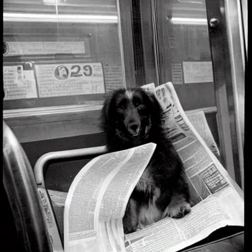 Prompt: a dog reading the newspaper on a subway train in new york, 1 9 7 0