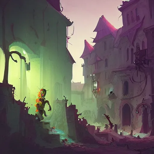 Image similar to lone zombie exploring medieval town streets, inspired by Marc Simonetti and Anton Fadeev