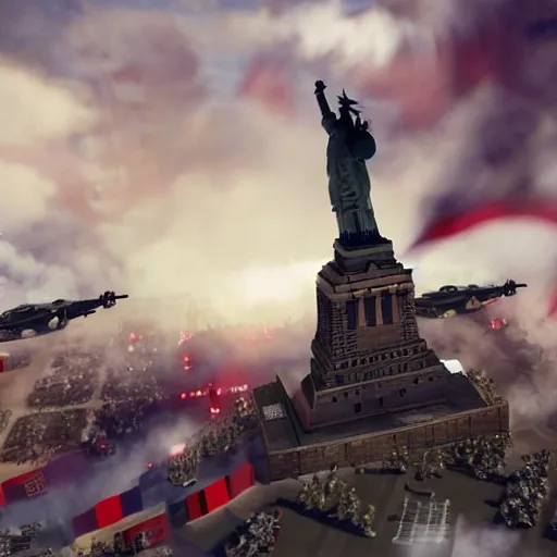 Image similar to The war between the Soviet Union and America, the action takes place in New York, far away against the background of the Statue of Liberty, a lot of soldiers and military equipment, a lot of explosions and tracer bullets, a lot of ruins, a very epic battle, The style of photography of the 80s, very detailed and detailed style