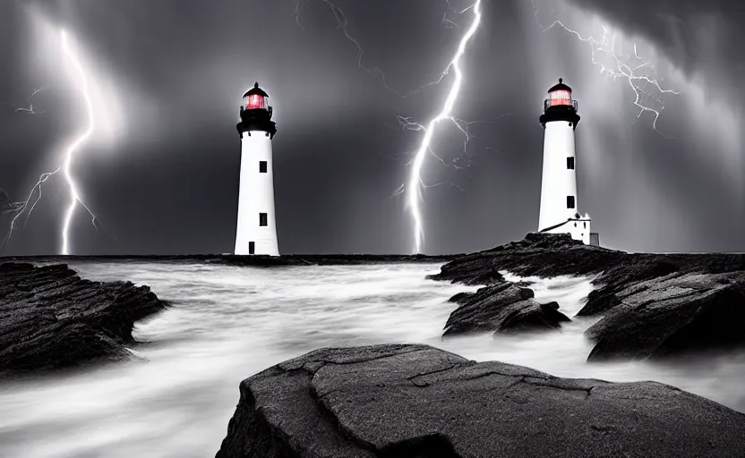Image similar to a dramatic lighthouse photo with a thunderstorm by ryan dyar, highly detailed, 8 k