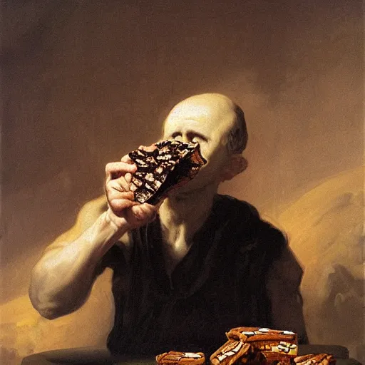 Image similar to saturn devouring a snickers chocolate bar, goya painting, in the style of goya and greg rutkowski, in the style of black paintings, 8 k, highly realistic