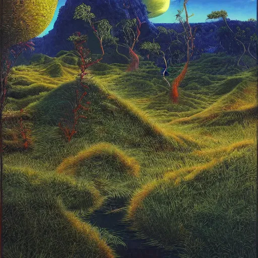 Image similar to painting of a lush natural scene on an alien planet by glenn brown. beautiful landscape. weird vegetation. cliffs and water.