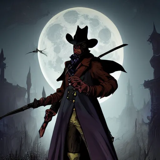 Prompt: an ultradetailed animation of darkwing duck dressed as the hunter from bloodborne, let's get dangerous, in the style animation of darkwing duck, digital art, dark fantasy, concept art, soulslike, by alphonse mucha, blood moon eclipse, wherewolves in a ruined building in the background, artstation, 8 k, unreal engine render