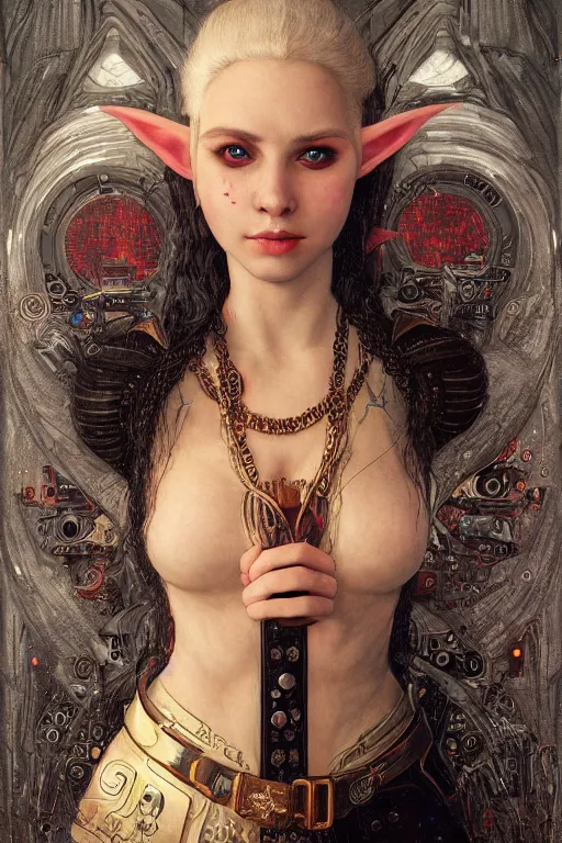 Image similar to portrait of beautiful young elf maiden with white hairs, cyberpunk, Warhammer, highly detailed, artstation, illustration, art by Gustav Klimt