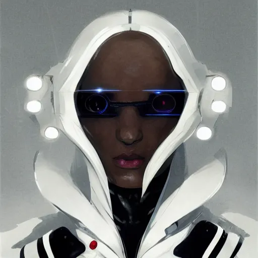 Image similar to full body portrait of a character in sleek clothes, in a futuristic flowing white tailcoat, wearing a white insectoid mask with five round lenses for eyes, many eyes, dramatic lighting, illustration by Greg rutkowski, yoji shinkawa, 4k, digital art, concept art, trending on artstation