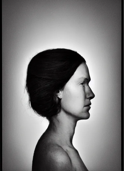 Image similar to a woman's face in profile, long hair made of minerals, in the style of the Dutch masters and Gregory Crewdson, dark and moody
