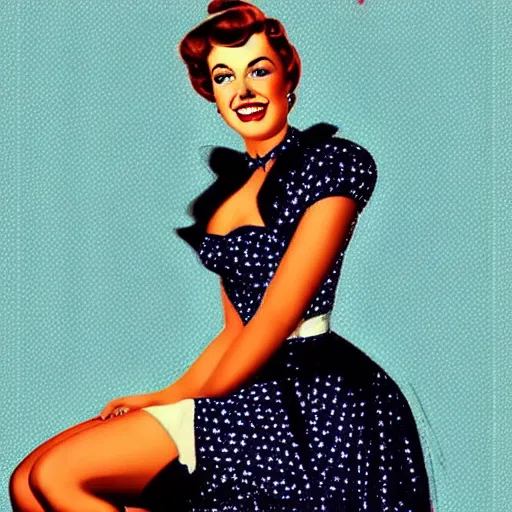 Prompt: a portrait of a beautifull woman, wearing a dress,with a beautifull smile,in a bloe background. in american style pin up