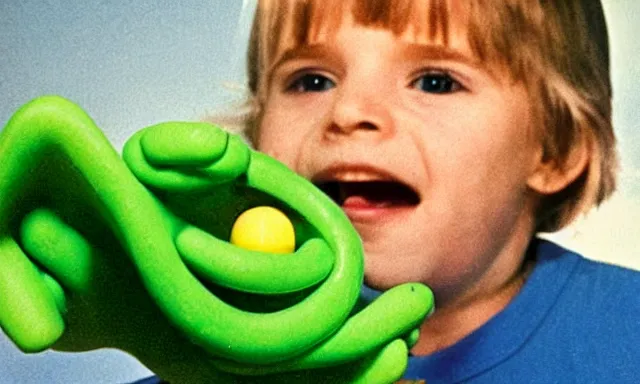 Image similar to kid playing with slime monster, realistic, toy commercial photo, photo from the 80s