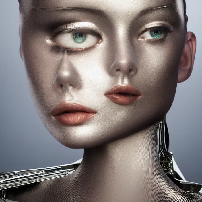 Prompt: a photo realistic studio portrait of a beautiful futuristic robot fashion model with perfect eyes staring at the camera designed by erte, award winning portrait f 1. 8 5 0 mm annie leibovitz, hyperrealistic photo