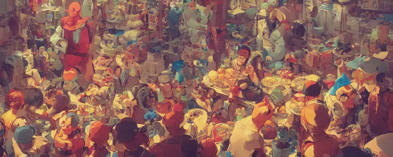 Image similar to inside a crowded clown supermarket behance hd artstation by jesper ejsing, by rhads, makoto shinkai and lois van baarle, ilya kuvshinov, ossdraws, that looks like it is from borderlands and by feng zhu and loish and laurie greasley, victo ngai, andreas rocha
