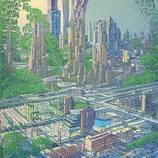 Image similar to city of the future in harmony with nature. Beautiful detailed illustration by moebius (1975).