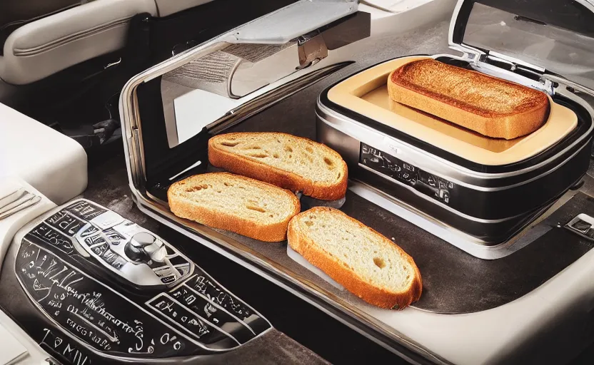 Image similar to a time-traveling delorean styled toaster with toast, bread inserted into slot, professional product shot, magazine ad