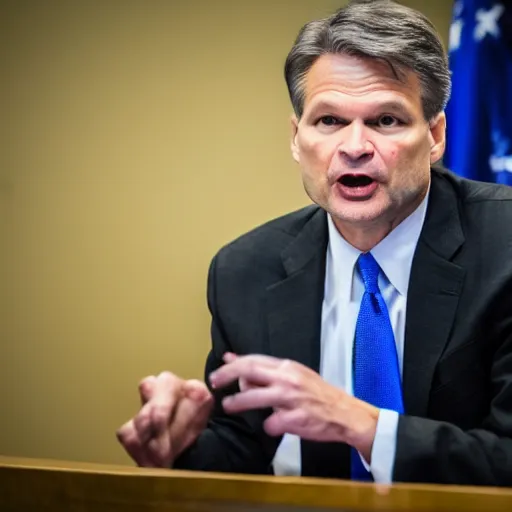 Prompt: fbi director Christopher wray getting scolded by a judge, photo 85mm, f/1.3