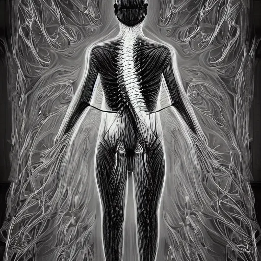 Prompt: full frame fractal human body, fine details, microorganisms, fine details, muscles, veins, artery, 90's aesthetic, x-ray, noise film, photo